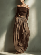 Top Fitted Lungo a Maniche Lunghe e Senza Spalline Marrone Scuro, alla Moda e Sexy, Abbinato a Pantaloni a Gamba Larga Coordinati (Cintura Non Inclusa) MDA1455K9AN