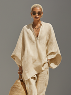 Set Donna in Lino Neutro con Orlo Asimmetrico e Design Minimalista, Set Stile Casual-Sofisticato Quotidiano MDZ0501B3I