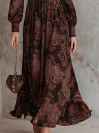 Auralis | Vestito Maxi a Vita Alta con Zip in Stampa Paisley Marrone