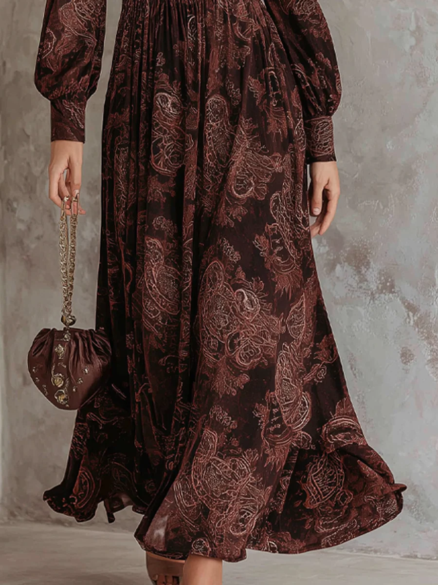 Auralis | Vestito Maxi a Vita Alta con Zip in Stampa Paisley Marrone