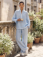 Set Top Oversized e Pantaloni a Gamba Larga in Lino Blu Chiaro da Donna MDZ1594G5ZRK