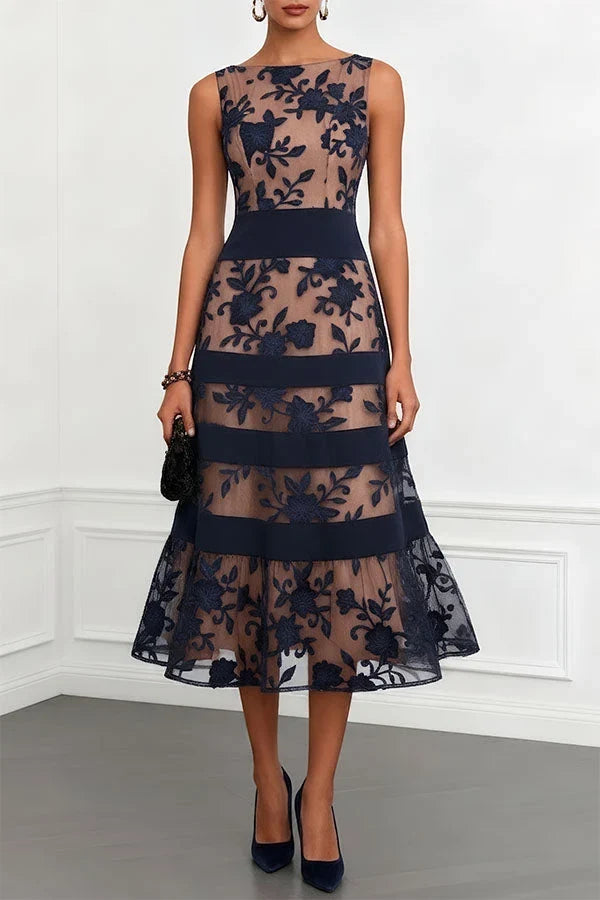 Vestito Midi Svasato Senza Maniche a Fiori in Rete Blu navy