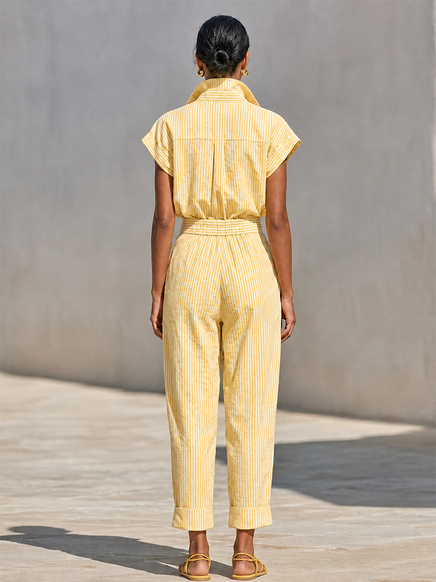 Co-Ord Donna a Righe Verticali Texturizzate Giallo Limone con Blusa a Bottone Frontale e Pantaloni Tapered con Tasche Laterali, Outfit Casual da Spiaggia Elegante MDZ2203F4LYL