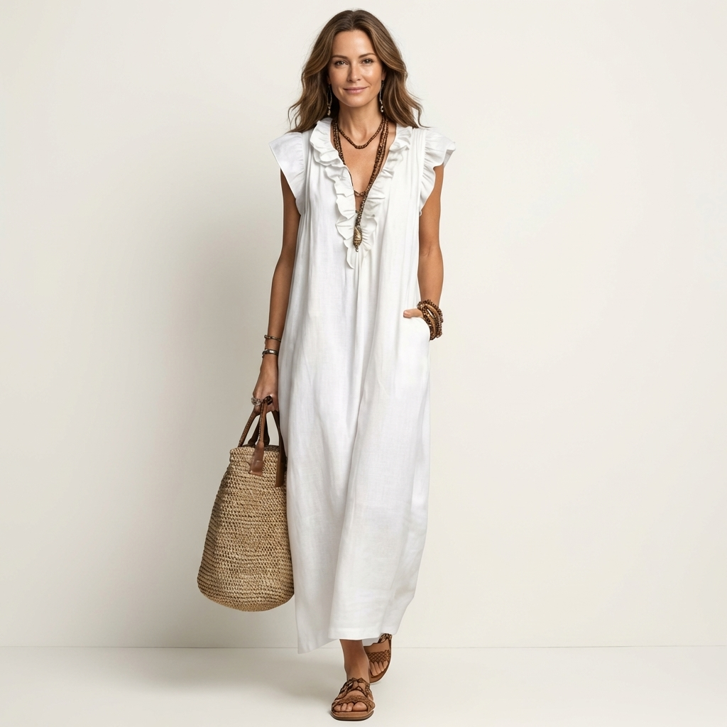 Giulia | Abito Maxi in Misto Lino con Ruches e Scollo a V