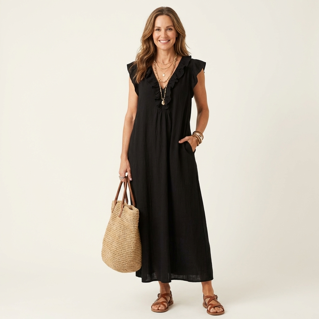 Giulia | Abito Maxi in Misto Lino con Ruches e Scollo a V