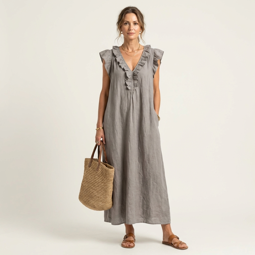Giulia | Abito Maxi in Misto Lino con Ruches e Scollo a V
