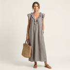Giulia | Abito Maxi in Misto Lino con Ruches e Scollo a V