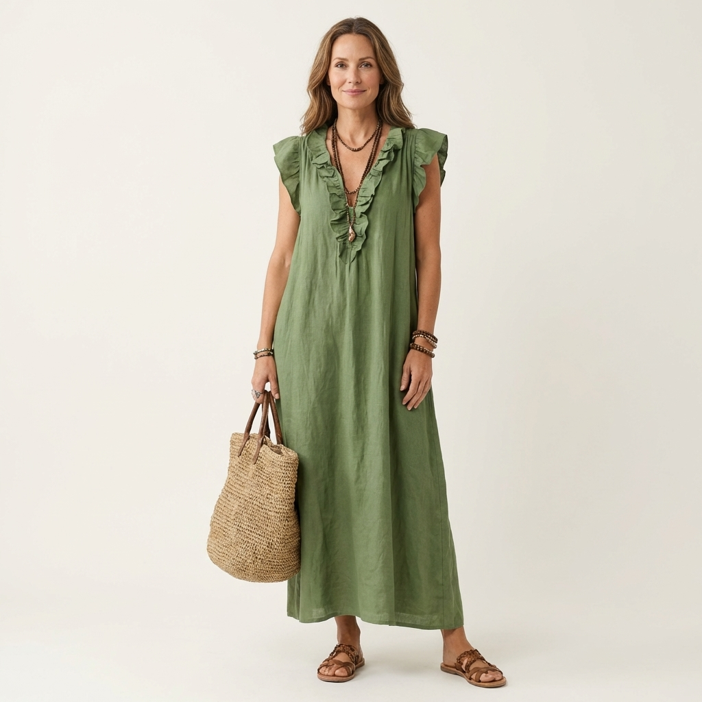 Giulia | Abito Maxi in Misto Lino con Ruches e Scollo a V