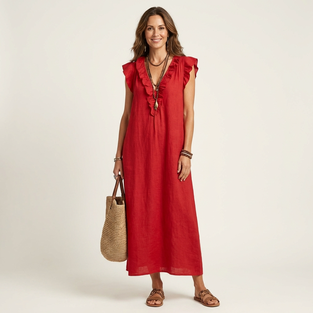 Giulia | Abito Maxi in Misto Lino con Ruches e Scollo a V