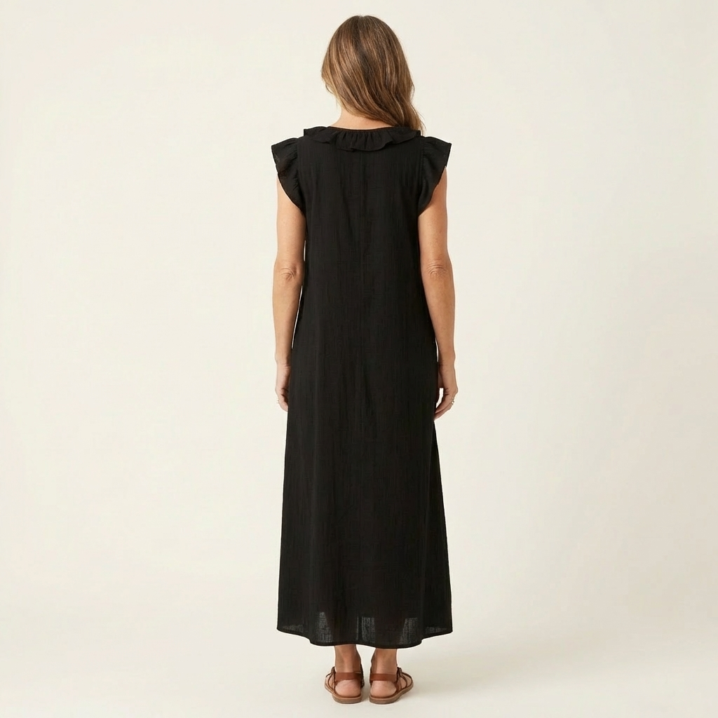 Giulia | Abito Maxi in Misto Lino con Ruches e Scollo a V