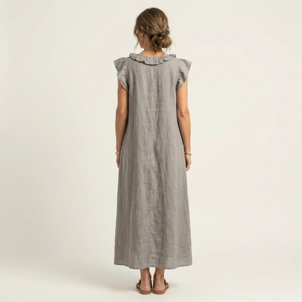 Giulia | Abito Maxi in Misto Lino con Ruches e Scollo a V