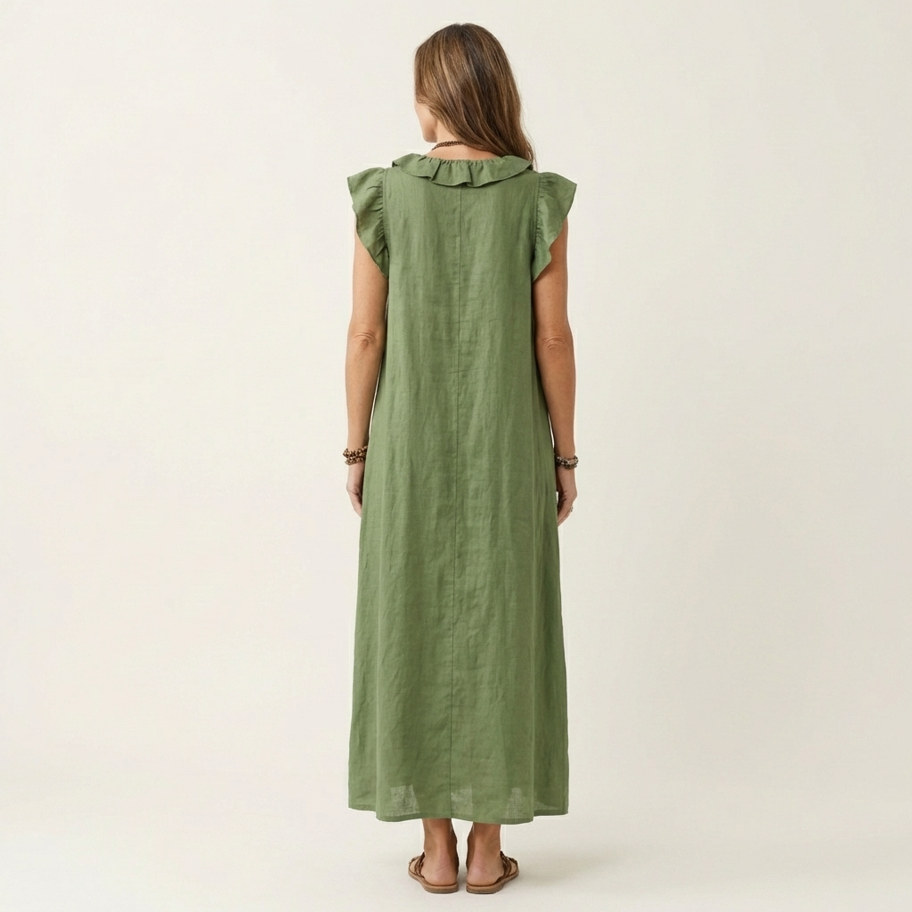Giulia | Abito Maxi in Misto Lino con Ruches e Scollo a V