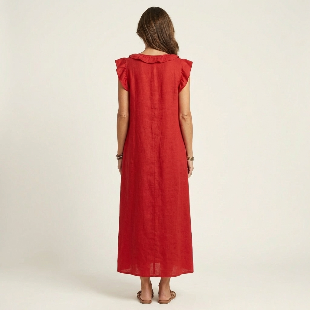 Giulia | Abito Maxi in Misto Lino con Ruches e Scollo a V