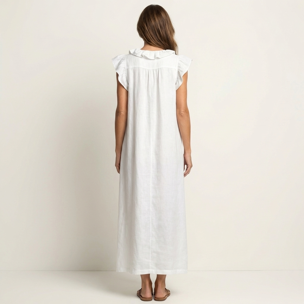 Giulia | Abito Maxi in Misto Lino con Ruches e Scollo a V