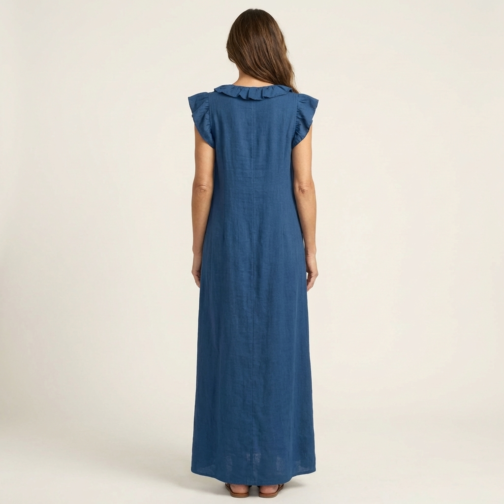 Giulia | Abito Maxi in Misto Lino con Ruches e Scollo a V