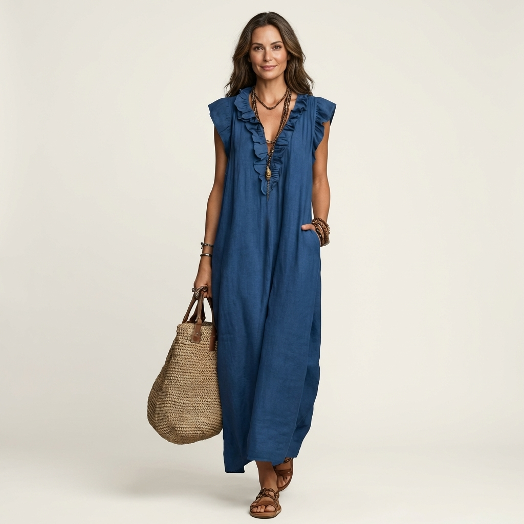 Giulia | Abito Maxi in Misto Lino con Ruches e Scollo a V