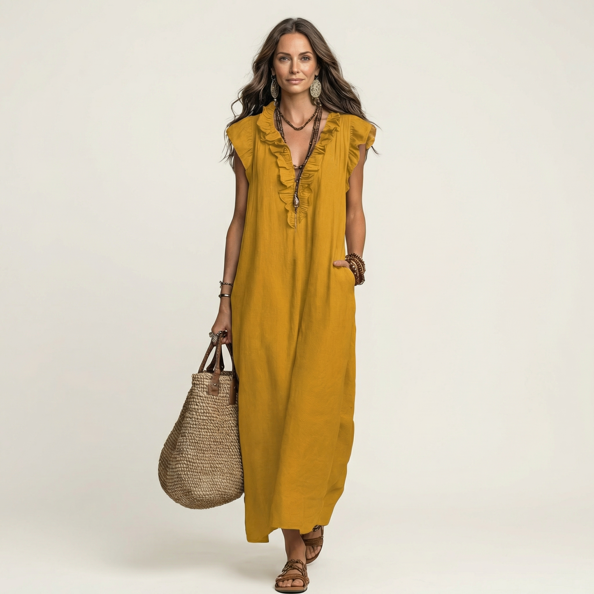 Giulia | Abito Maxi in Misto Lino con Ruches e Scollo a V