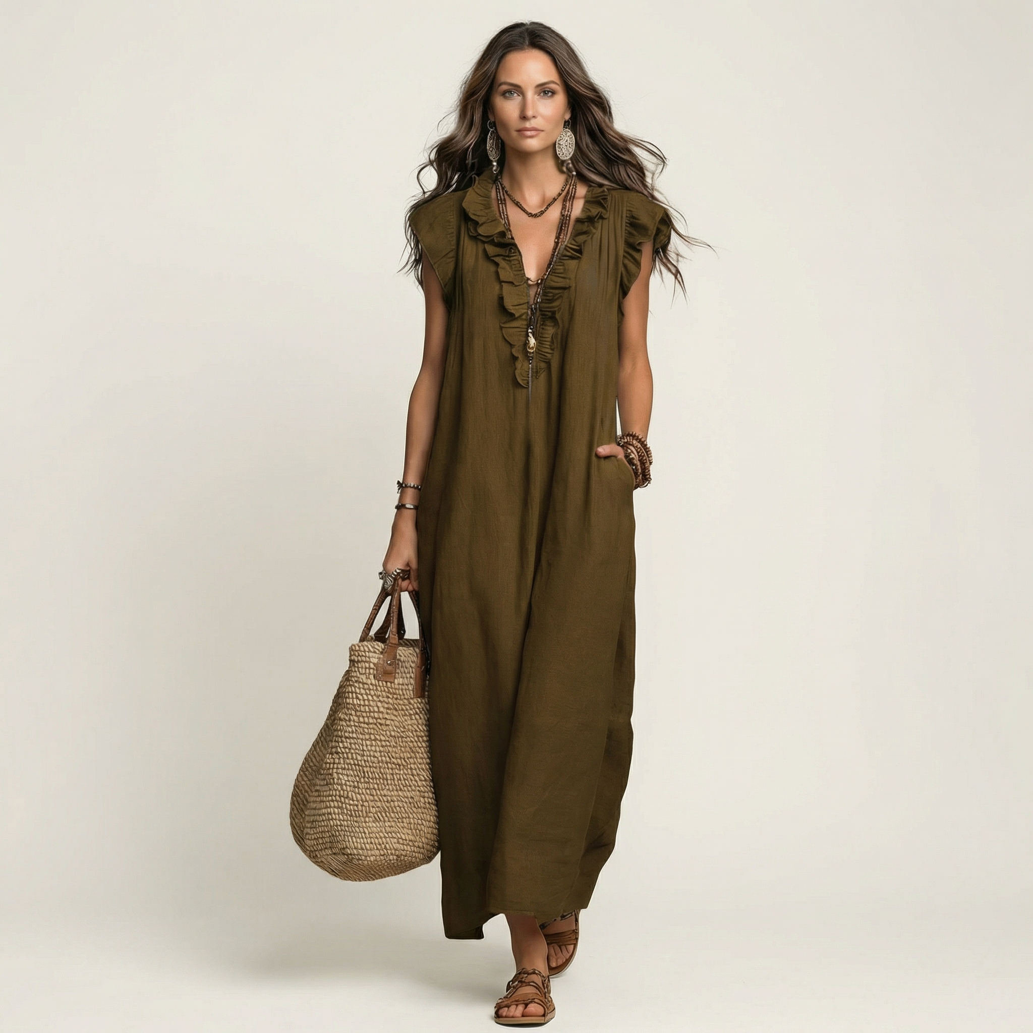 Giulia | Abito Maxi in Misto Lino con Ruches e Scollo a V