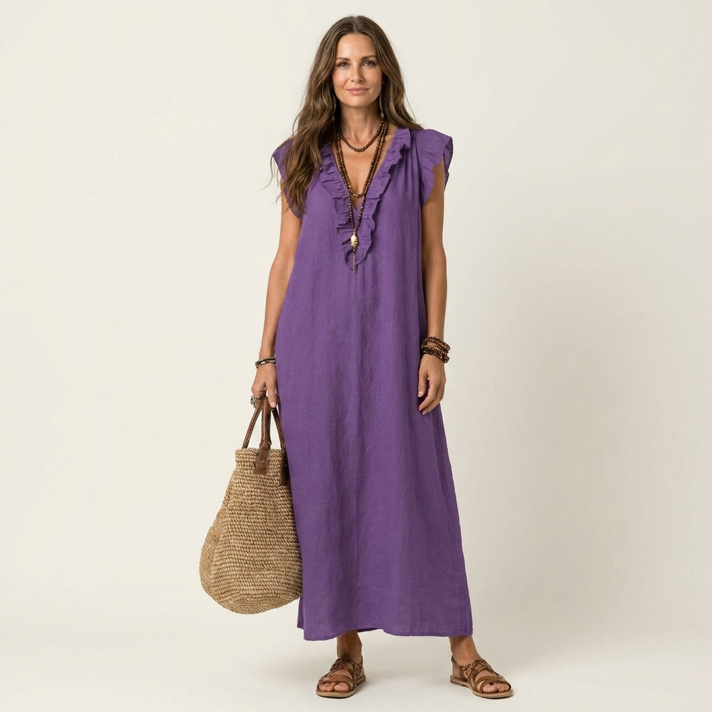 Giulia | Abito Maxi in Misto Lino con Ruches e Scollo a V