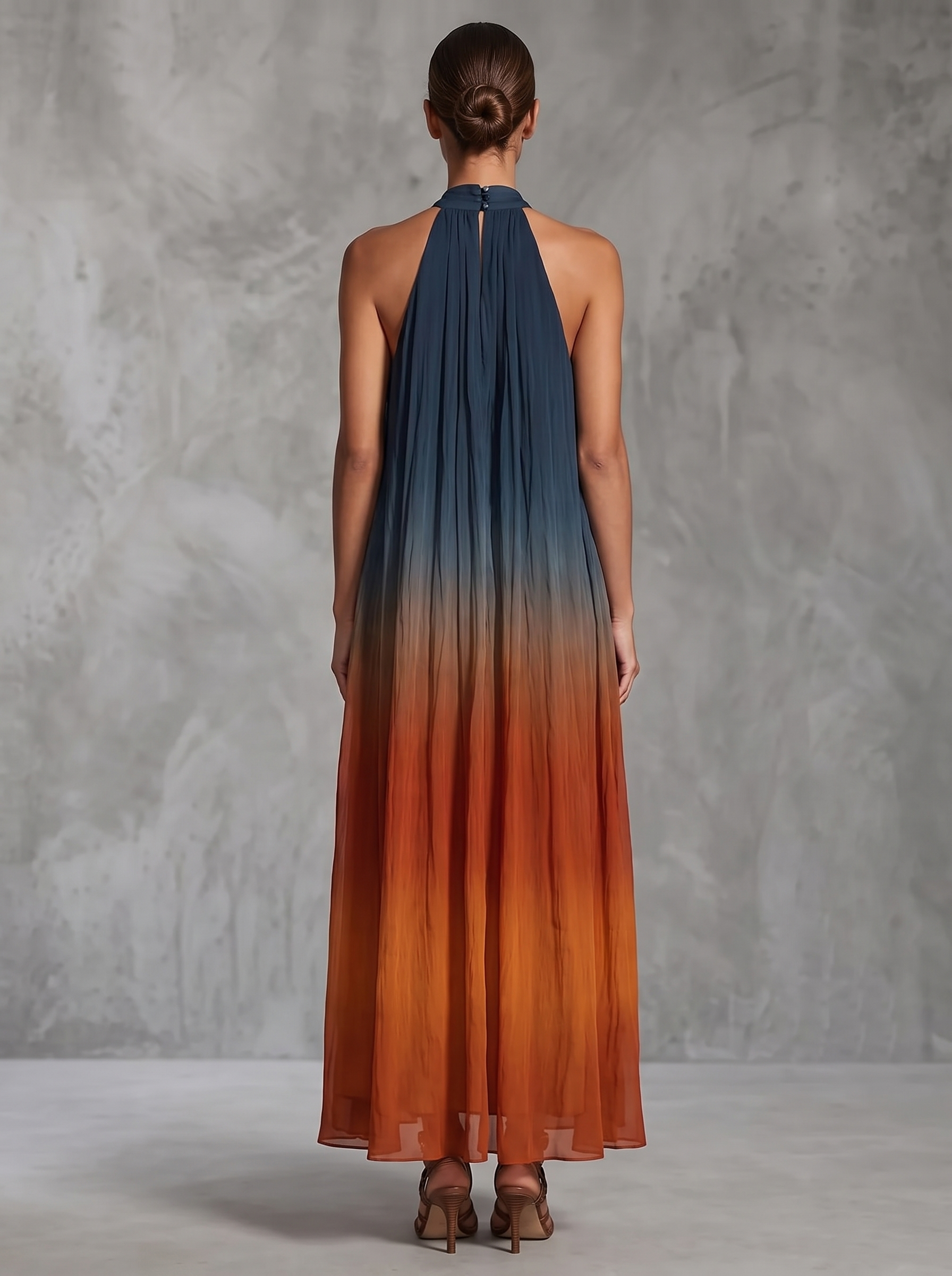 Paula | Abito Maxi in Chiffon Sfumato Blu e Ruggine