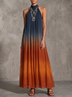 Paula | Abito Maxi in Chiffon Sfumato Blu e Ruggine