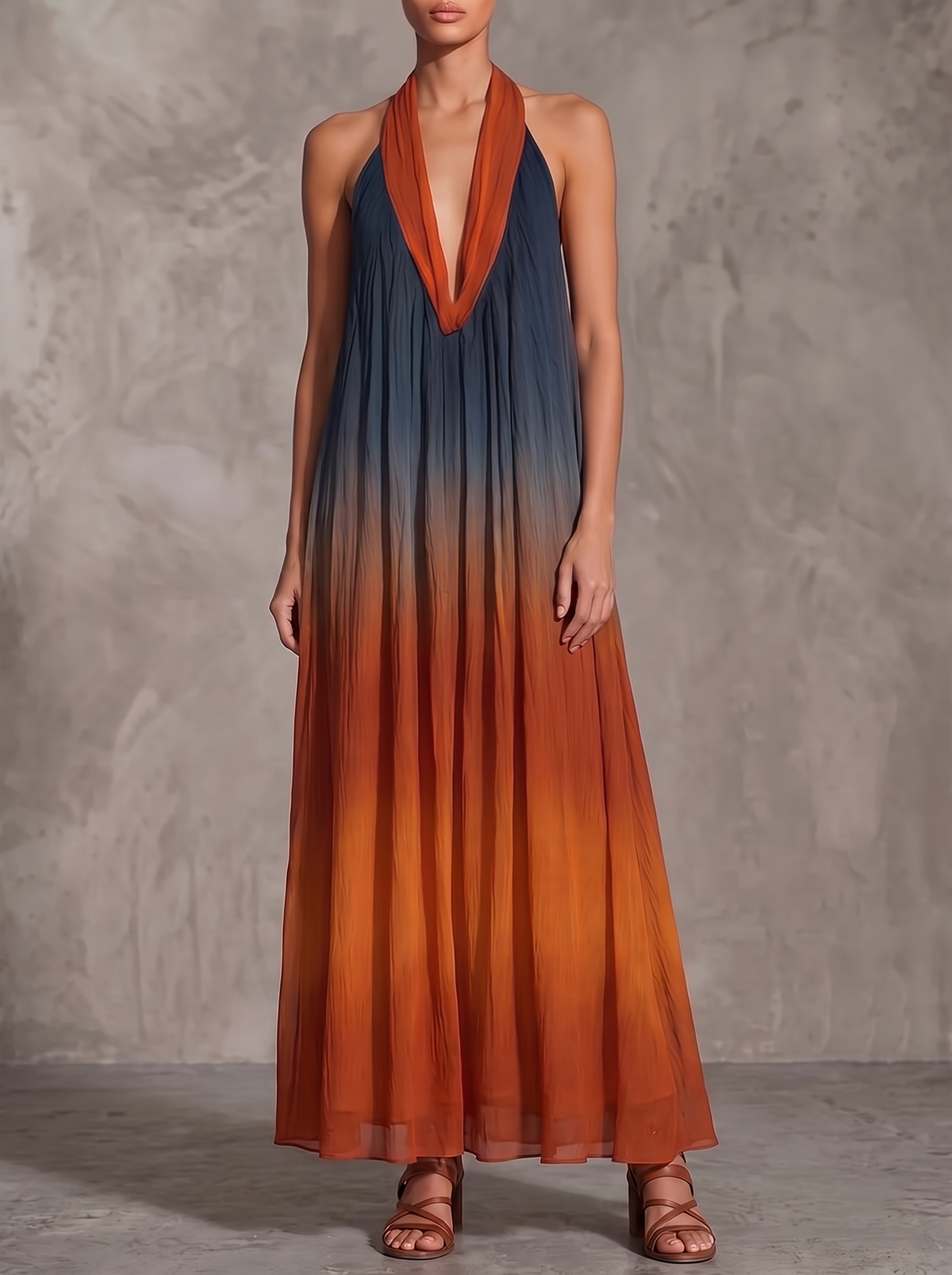 Paula | Abito Maxi in Chiffon Sfumato Blu e Ruggine
