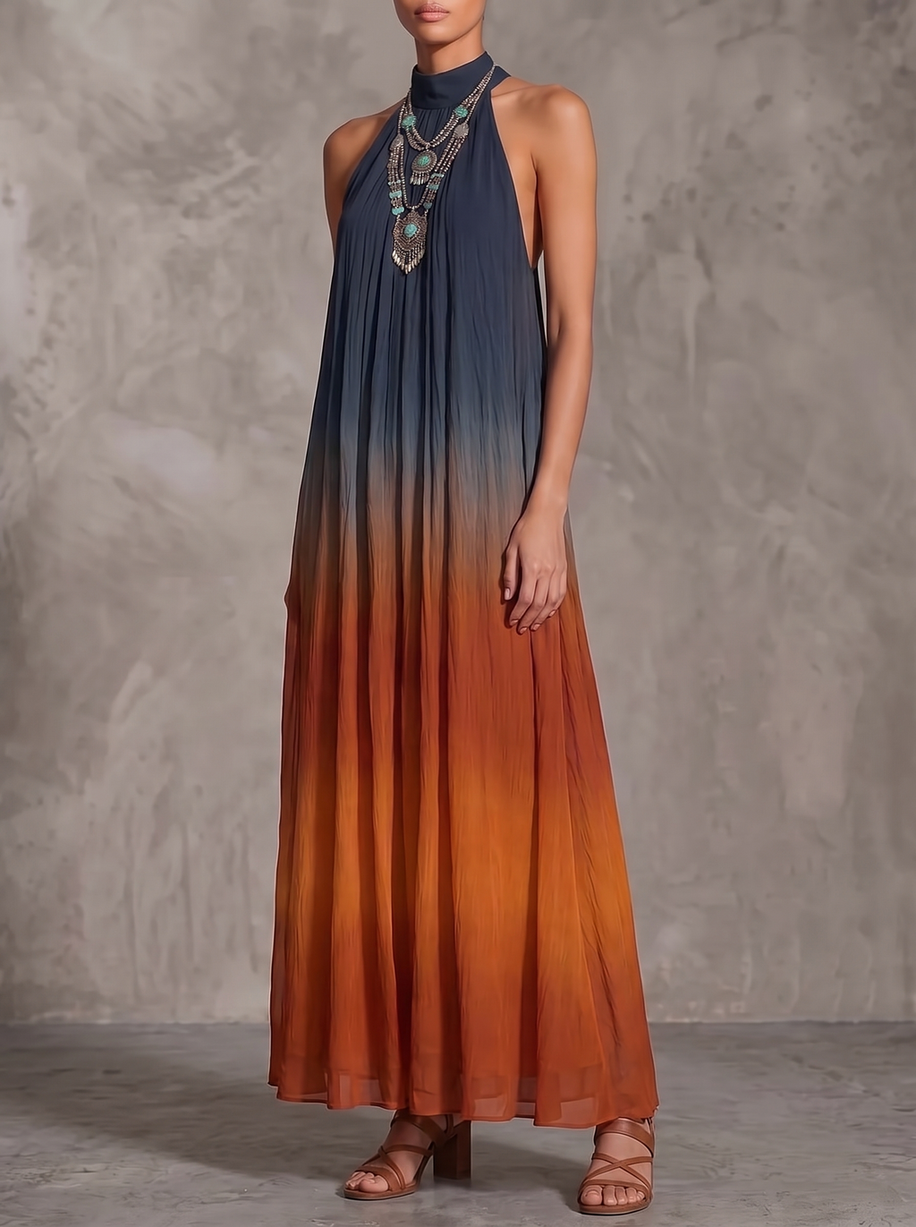 Paula | Abito Maxi in Chiffon Sfumato Blu e Ruggine