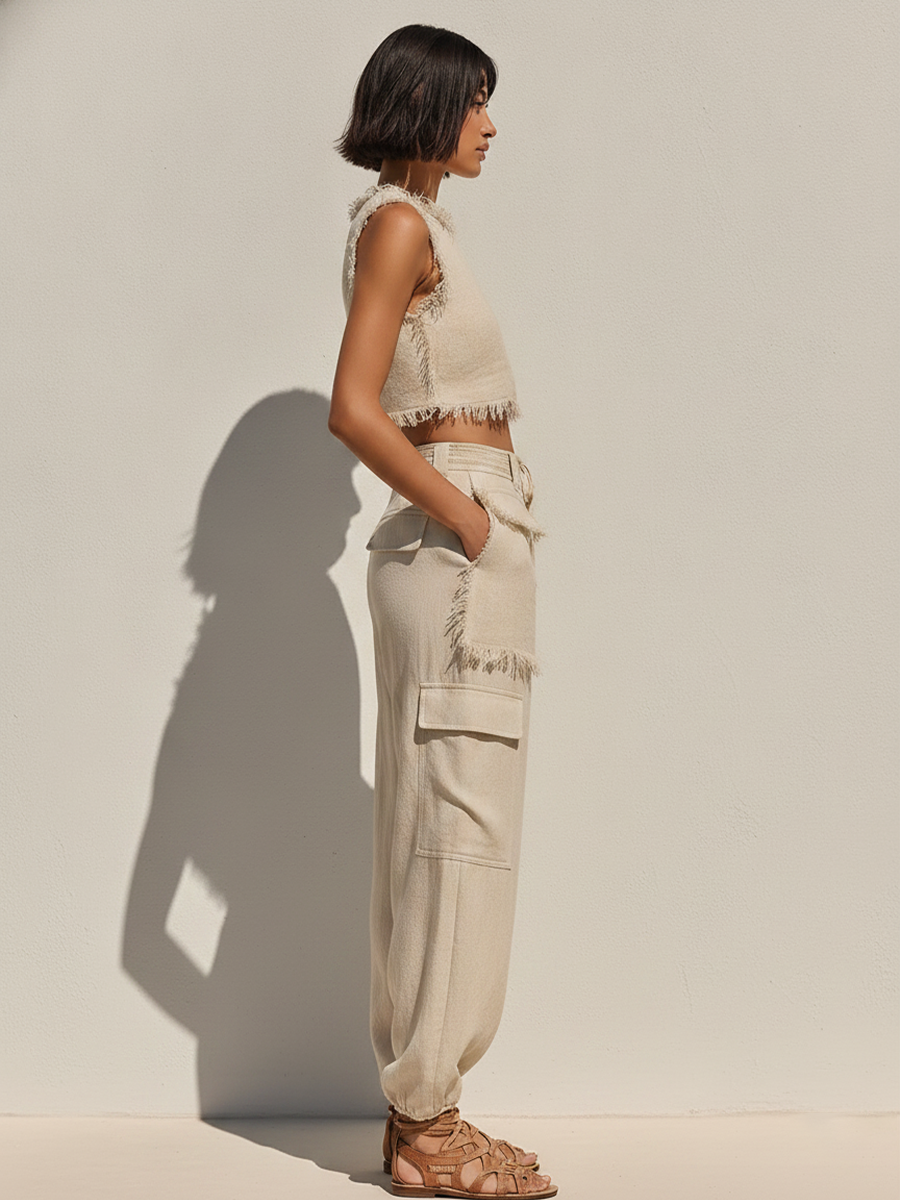 Set Due Pezzi in Lino Beige da Donna con Top Corto Frangiato e Joggers Cargo, Outfit Estivo Casual Senza Tempo MDZ2979E8LYL
